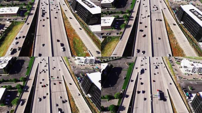 从上面看，犹他州里弗顿附近的I-15号公路就像一张动态的挂毯，各种形状和大小的车辆在繁忙的高速公路上