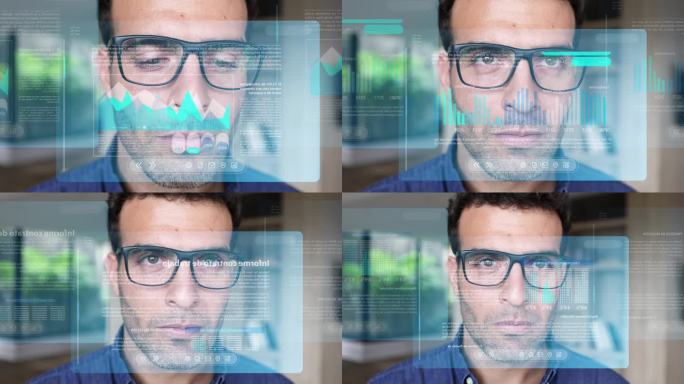 一个英俊的男人戴着智能眼镜，通过眼睛的运动在屏幕上阅读信息