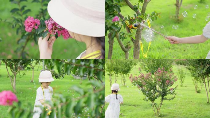 小女孩在花园里吹泡泡