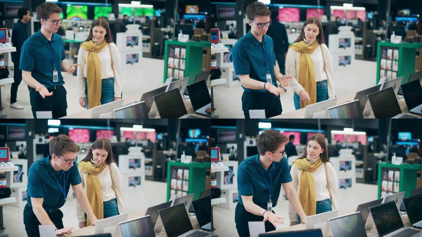 一位年轻女子在家用电器商店挑选笔记本电脑时与售货员交谈。一位时尚的顾客希望购买一台电脑设备。购物者探