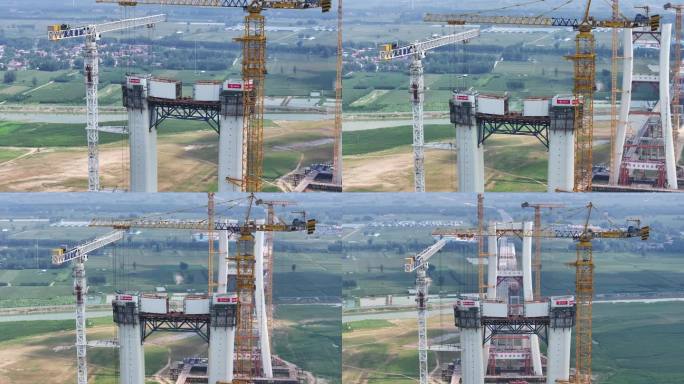 中国基建在建跨黄河特大桥桥梁施工航拍