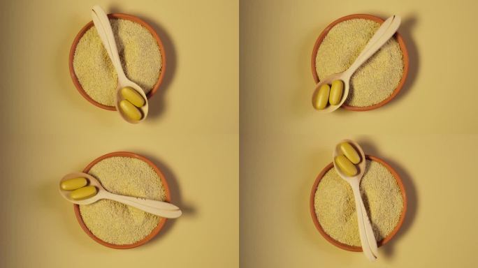 木勺中的葫芦巴丸和葫芦巴粉放在盘子里，俯视图。有效成分胡芦巴。天然维生素。草药概念