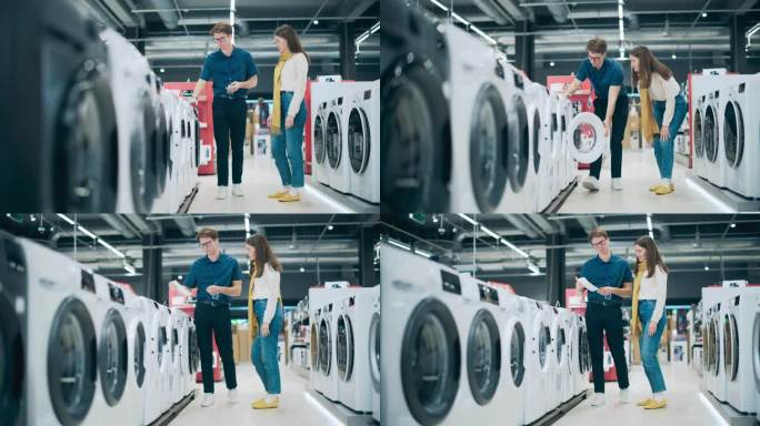 一位女顾客向家用电器零售专家寻求购买洗衣机的建议。年轻女子在百货公司探索当代洗衣设备的选择