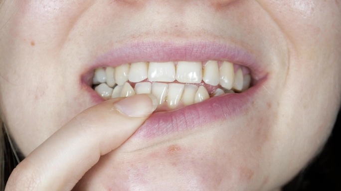 女人嘴里歪歪扭扭的牙齿。蛀牙和坏笑。牙医治疗理念。