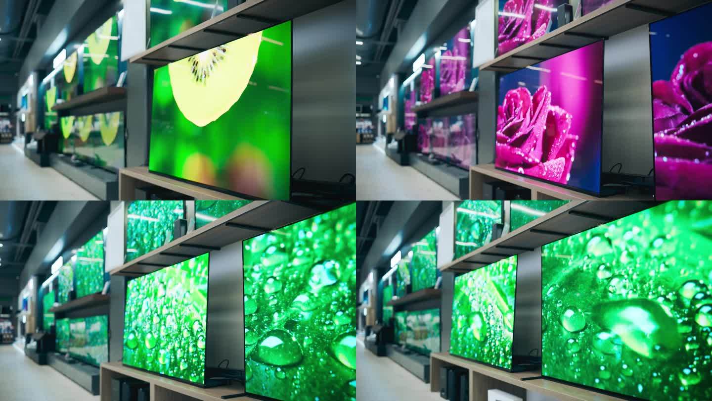 广角视角的零售家电商店展示不同的现代电视阵列。彩色平板电视展示尖端的色彩质量在现代陈列室设置