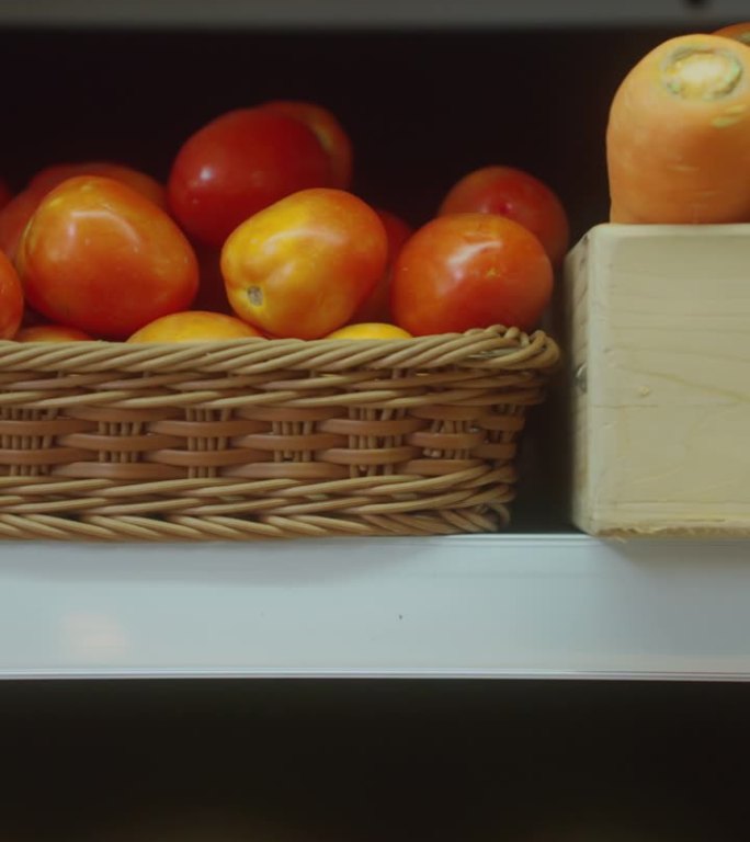淘金，特写:超市货架上的蔬菜，篮子里放着红色的西红柿和橙色的新鲜胡萝卜。