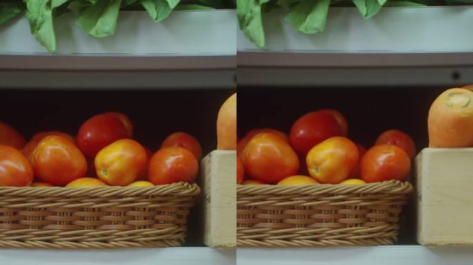 淘金，特写:超市货架上的蔬菜，篮子里放着红色的西红柿和橙色的新鲜胡萝卜。