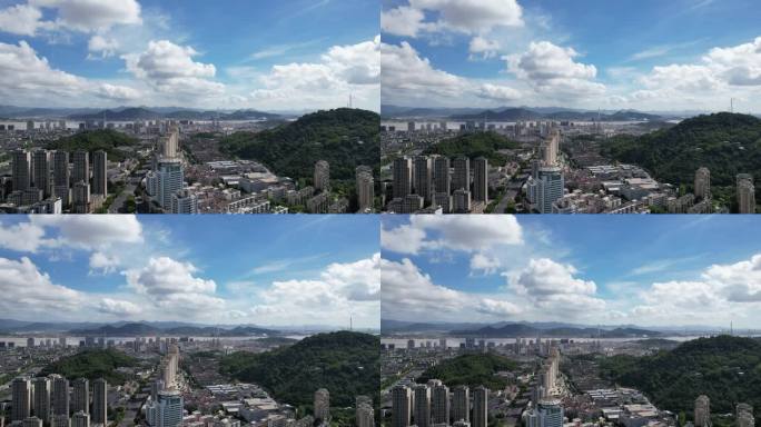 台州城市风光天际线蓝天白云高楼建筑航拍