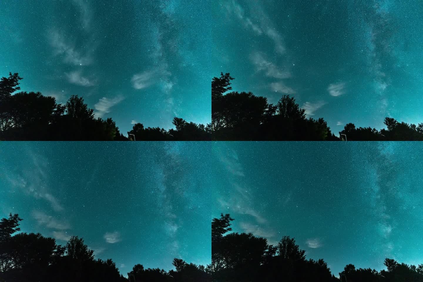 大山森林道路旁上空的暗夜星空银河延时摄影
