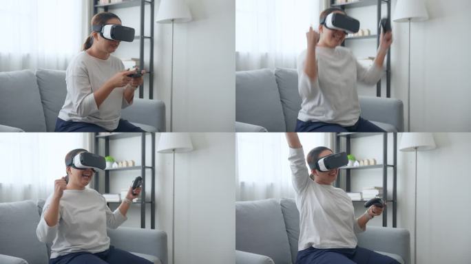 快乐的女人在客厅庆祝赢得虚拟现实游戏