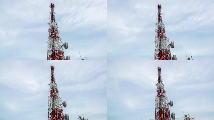 电信塔在天空和云的背景下的时间变化