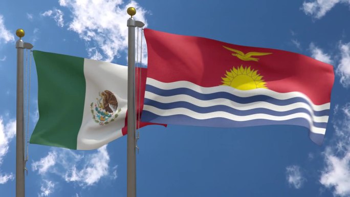 墨西哥国旗和基里巴斯国旗在一根杆子上，3D渲染，两面旗帜