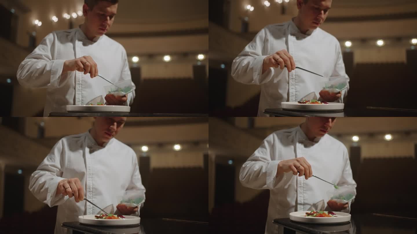 高级餐厅主厨在歌剧院烹饪美味沙拉，奢华的生活方式