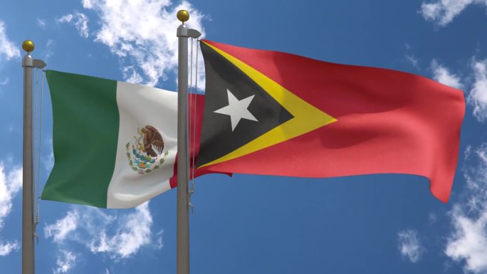 墨西哥国旗和东帝汶国旗在一根杆子上，3D渲染，两面旗帜