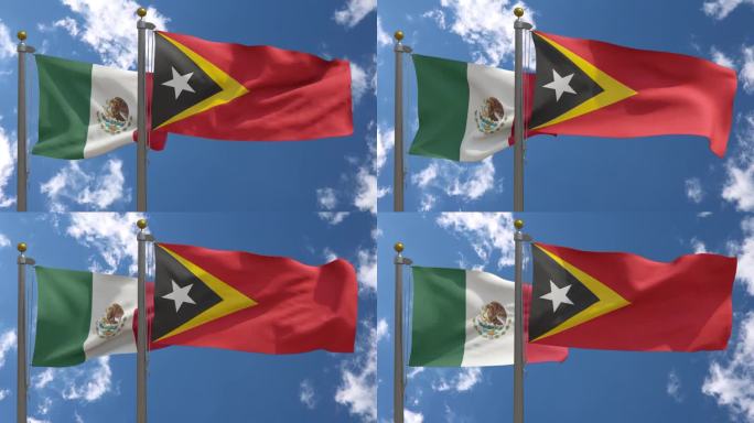 墨西哥国旗和东帝汶国旗在一根杆子上，3D渲染，两面旗帜
