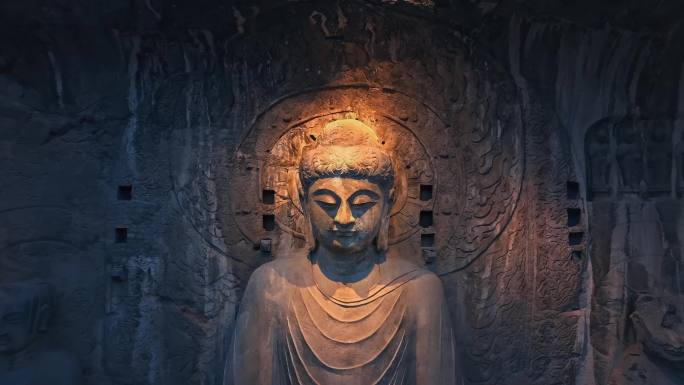 4K航拍洛阳龙门石窟大佛亮灯夜景航拍合集