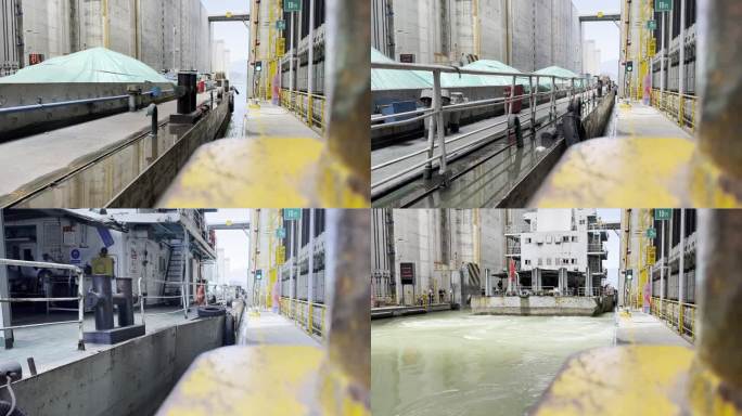 货船轮船航行驶出三峡大坝船闸升船机