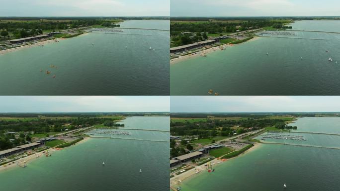 法国香槟区中心的东方湖拍摄。法国海滩人工湖的鸟瞰图，湖水平静清澈