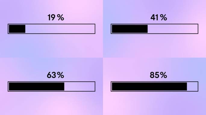 简单的黑色进度或加载器条动画。加载器条从零到百分之百的渐变粉红色和紫色背景发现。4K分辨率动画。