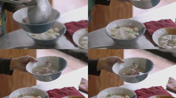 4k煮面汤:泰国厨师之手将沸水豆汤倒入泰国街头食品市场的拉面，传统亚洲食品。