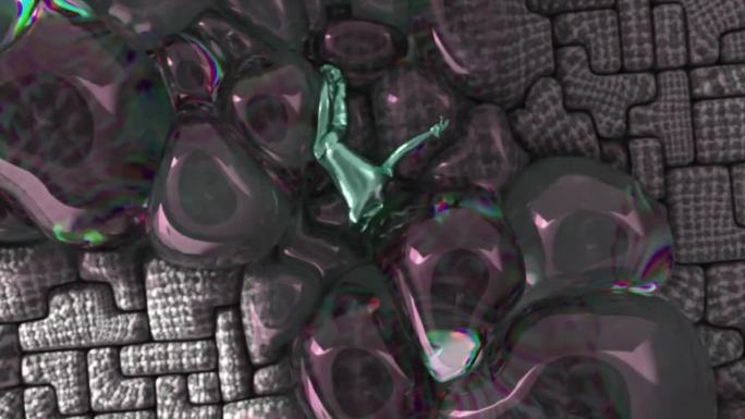 有趣的绿色金属小雕像在膨胀的气泡表面混乱地移动。马赛克画。3 d动画。