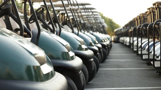 高尔夫球场上许多高尔夫球车。豪华度假运动场地的高尔夫球场车排成整齐的一排。