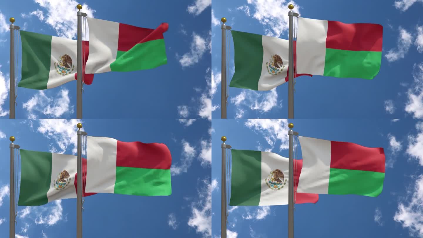 墨西哥国旗与马达加斯加国旗在一个杆子上，3D渲染，两个旗帜