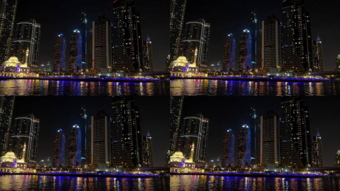 夜晚的现代都市，夜晚的迪拜码头