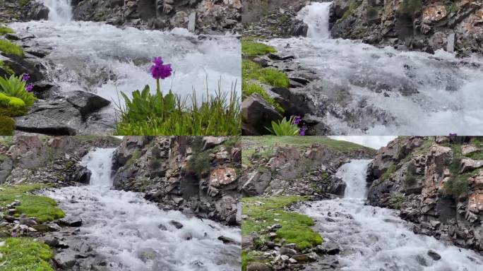 凯丁斯基峡谷的瀑布。在吉尔吉斯斯坦的山区徒步旅行。峡谷Kegeti。美丽的景色。中亚，吉尔吉斯斯坦。