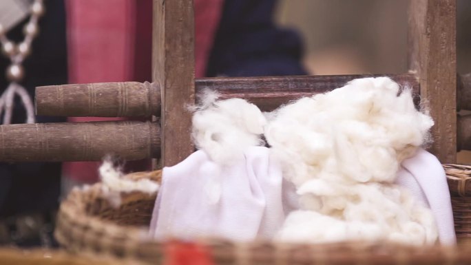 泰国当地文化，妇女用手按压白色棉絮，用木制工具去籽