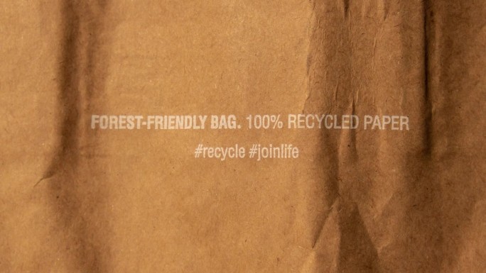 森林环保袋棕色纸袋，是100可回收和可重复使用的spbd。印刷请求用户回收和再利用这个袋子作为一种包