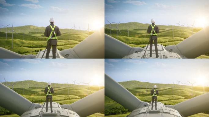 白人男性可持续能源工程师在工业风力涡轮机上使用笔记本电脑。专业人员穿戴安全装备，在清洁能源风电场工作