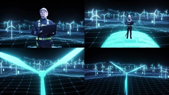 黑暗3D动画可视化:白人男性绿色能源工程师使用笔记本电脑在风力涡轮机顶部。男子对工业风电场进行检查。
