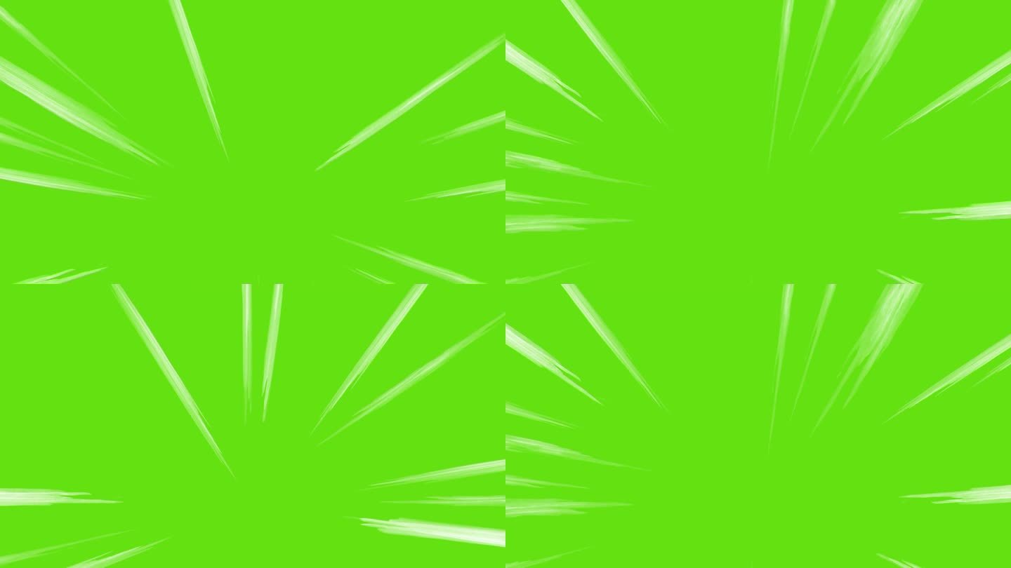 动画速度线背景动画在绿色屏幕上。径向漫画光速线移动孤立的背景。强大的速度线