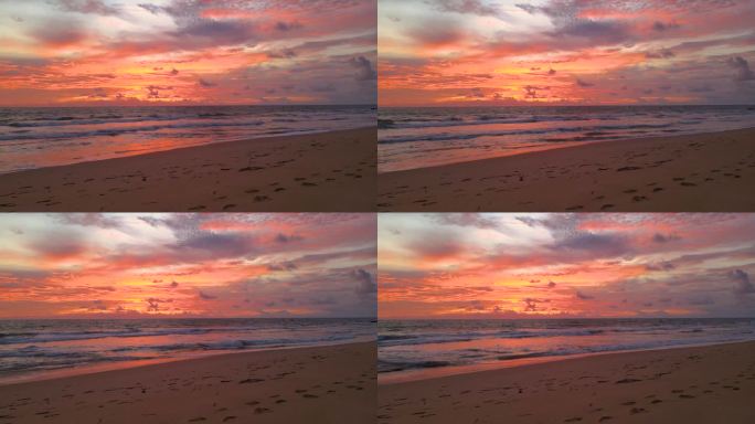 镜头热带海滩，傍晚的云快速移动，滚动黑暗的夕阳天空，红，紫，橙，蓝，粉红的云景背景