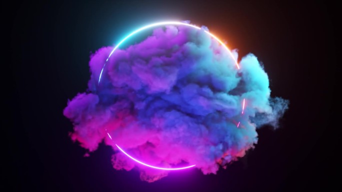 科幻复古激光霓虹抽象技术背景。五颜六色的云围绕着一个霓虹灯圈旋转。三维动画