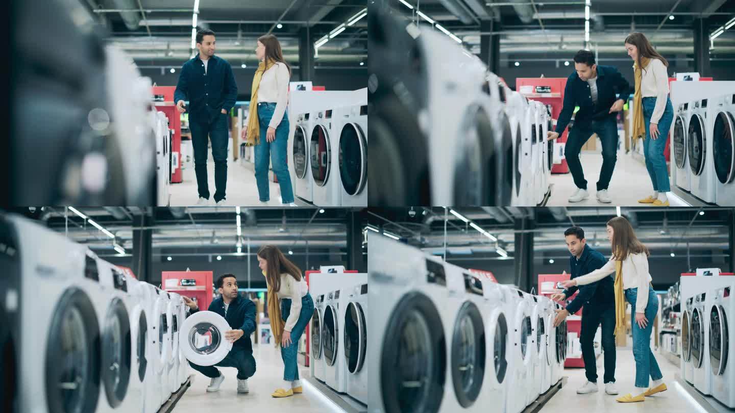 时尚青年男女在家用电器零售商店购买洗衣机。一对夫妇为他们的家选择洗衣清洁设备。顾客评价现代商店的选择