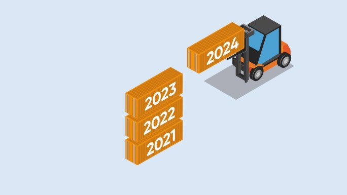 叉车堆垛2024年新年数字在2021到2023集装箱的顶部