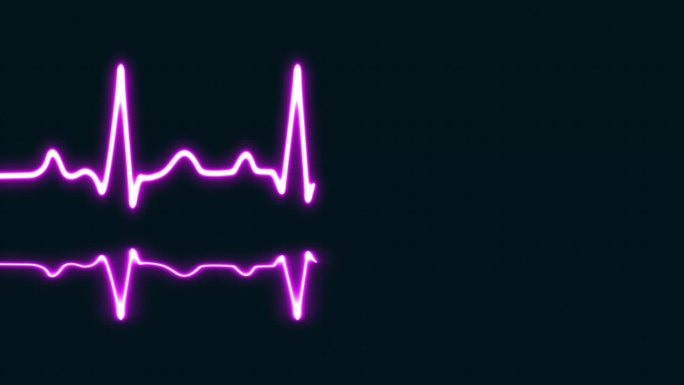 明亮的紫色霓虹心跳与爱的形状孤立的网格背景。医学概念和心电脉搏曲线图