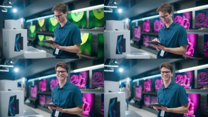 一个有组织的英俊助手的肖像在家用电器商店优化工作流程与平板电脑。年轻快乐的团队成员看着镜头微笑