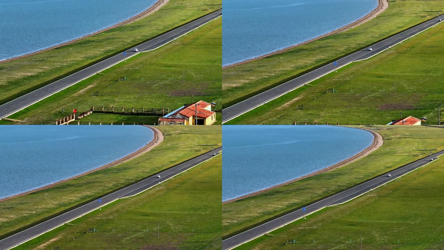 航拍草原湖泊环湖公路自由治愈