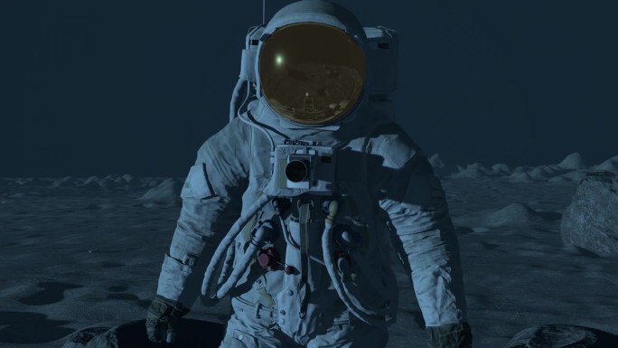 穿着宇航服的月球宇航员在月球上行走。3d重绘动画