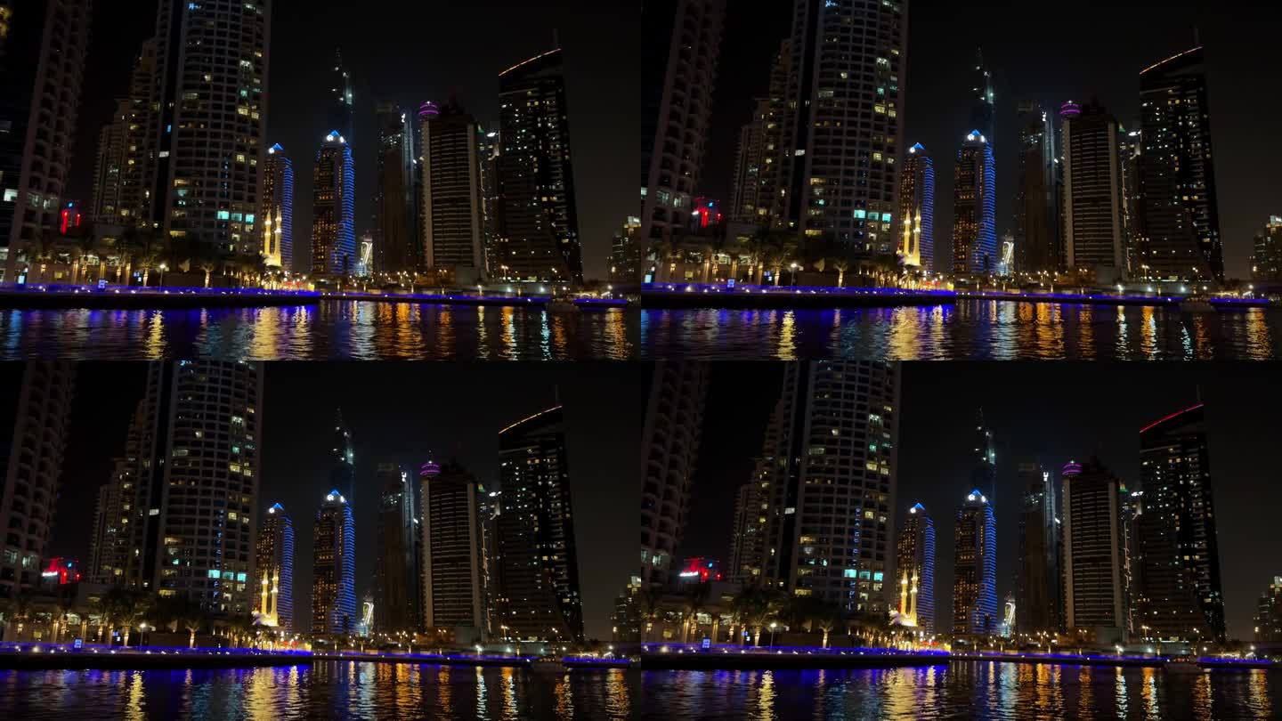 夜晚的现代都市，夜晚的迪拜码头。高品质4k画面