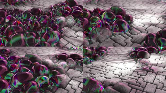 抽象的概念。在灰色柔软的表面上膨胀着巨大的虹彩紫绿色气泡。模式。拼图:3D动画