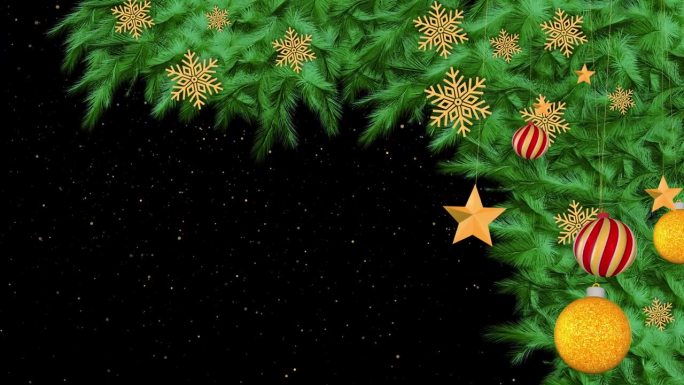 4K动画设计新年和圣诞节的树叶与圣诞黑色背景。树新