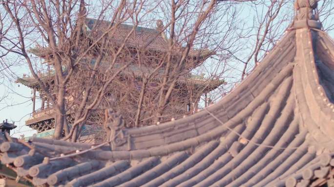 4K航拍平遥古城城楼长焦一