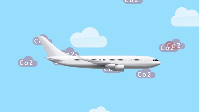 飞机二氧化碳排放动画视频。飞行中的飞机向空气中排放二氧化碳。大气污染与气候变化的概念。