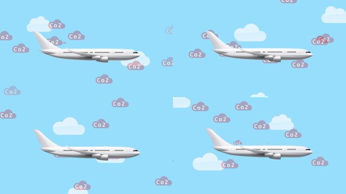 飞机二氧化碳排放动画视频。飞行中的飞机向空气中排放二氧化碳。大气污染与气候变化的概念。