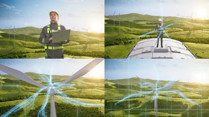 白人男性绿色能源工程师在风力涡轮机上使用笔记本电脑。工人检查工业风电场。工人的电脑连接到全球网络的三