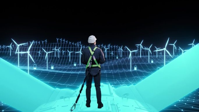 黑暗3D动画可视化:白人男性绿色能源工程师使用笔记本电脑在风力涡轮机顶部。一名检查工业风电场的男子。